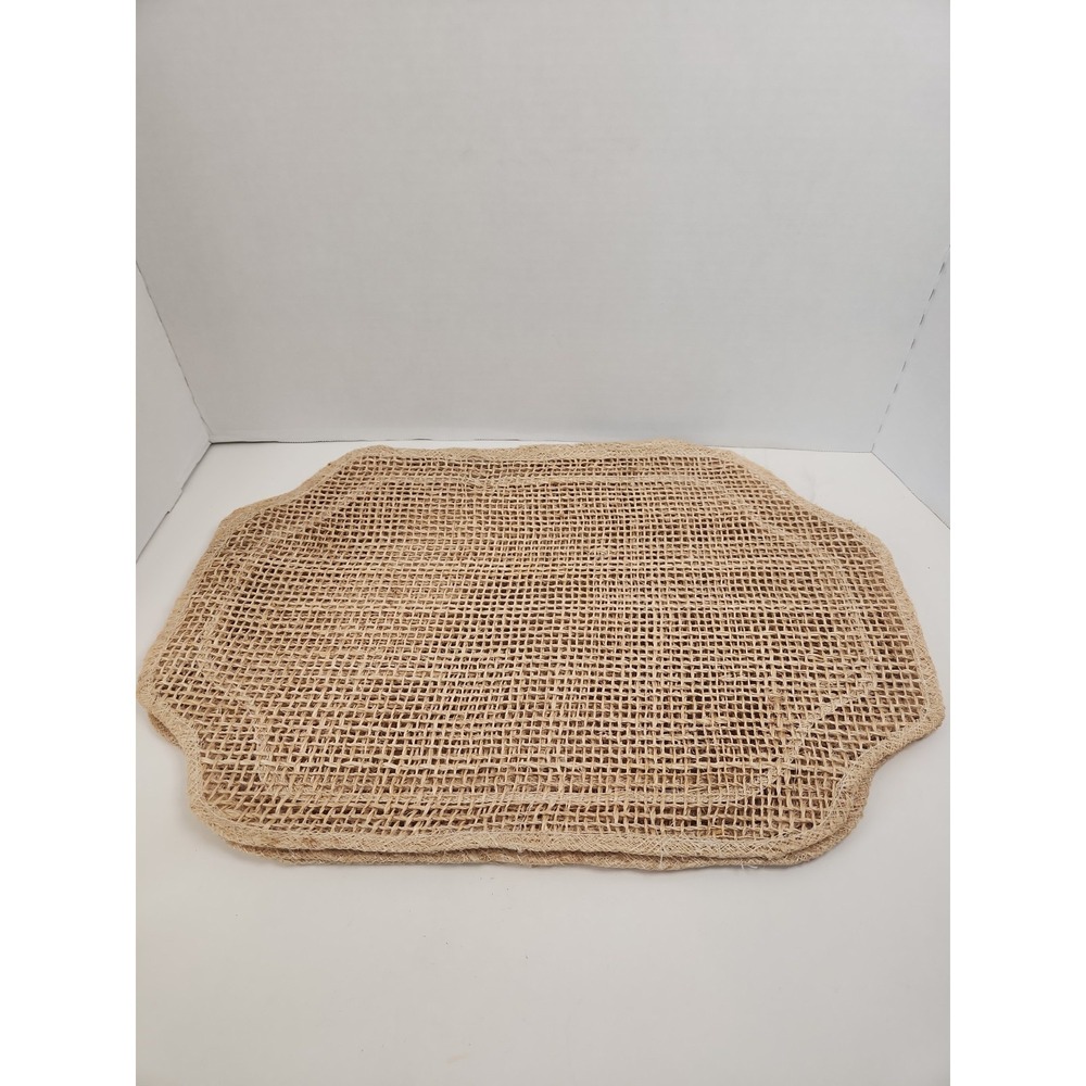 Vintage 70s Raffia Mesh Placemats Set of 4 Solid Natural Woven Scalloped Boho
